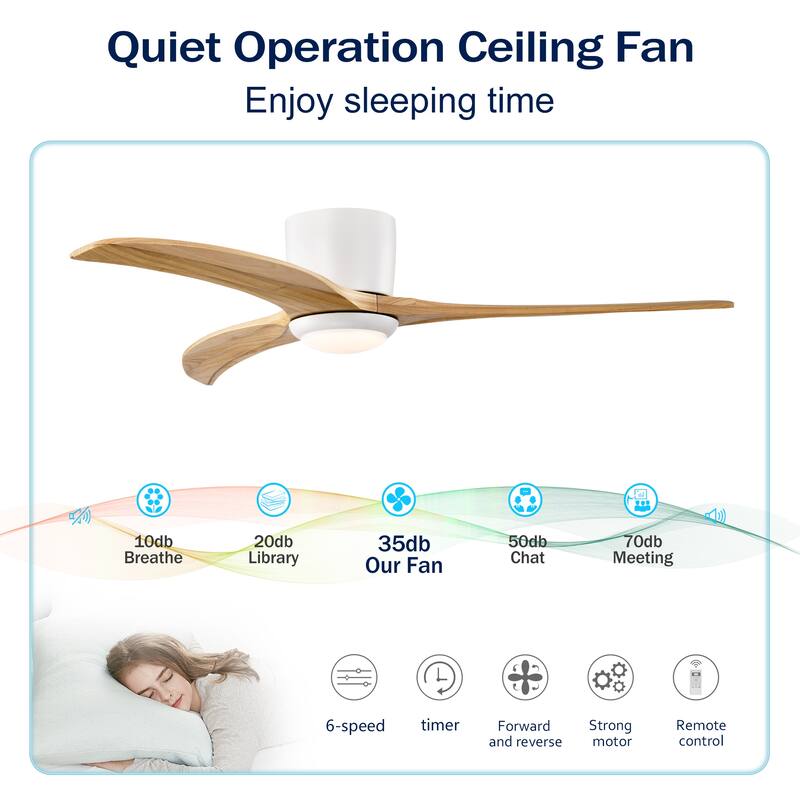 52" Flush Mount Fan Light, 3 PCS Solid Wood Blades Ceiling Fan with Lights Remote Control, Quiet DC Motor, 6 Speed