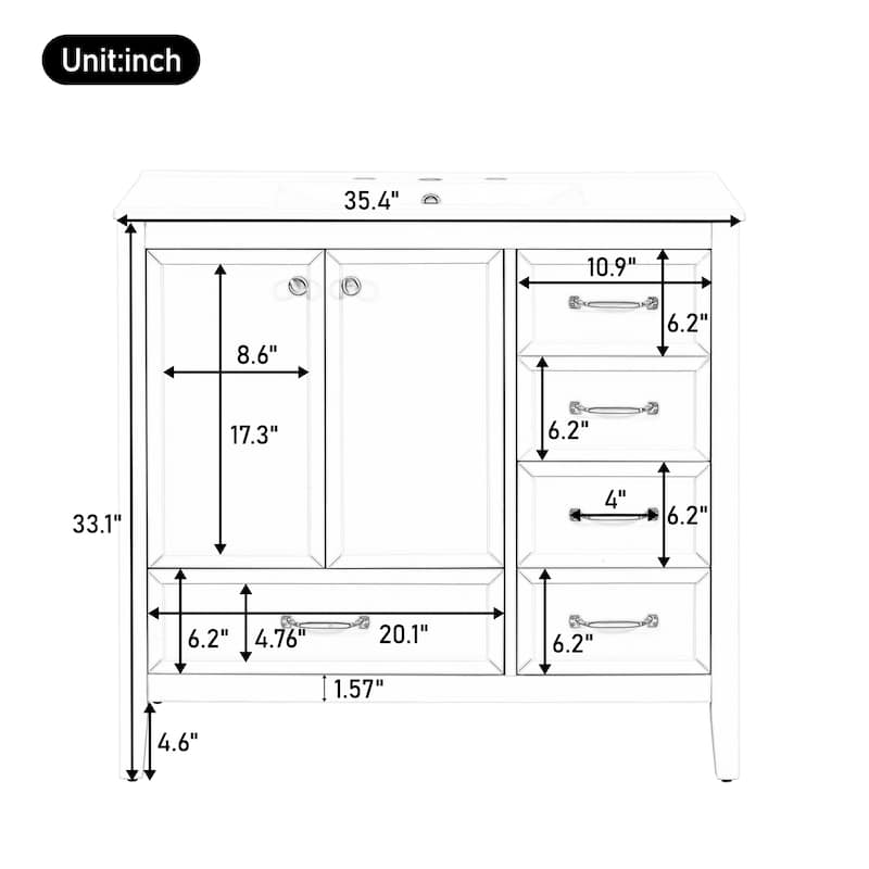 36" Bathroom Vanity with Sink, Bathroom Cabinet with Soft-Closing Door, 4 Drawers of Different Sizes, Solid Wood Frame and Leg