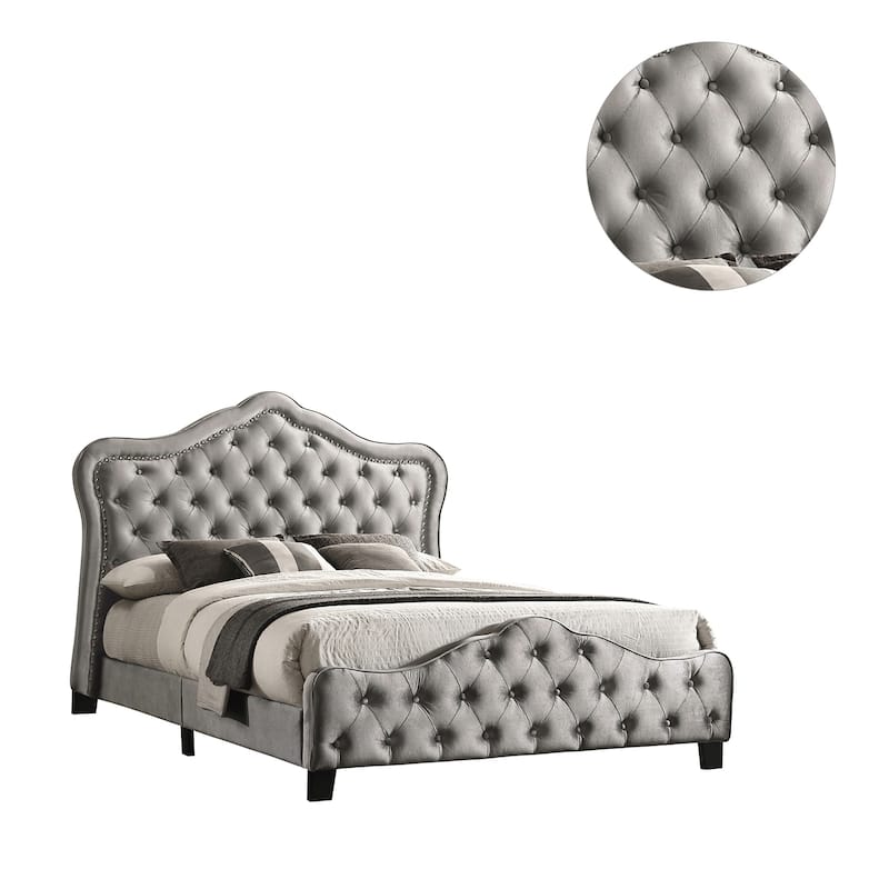 Upholstered Tufted Bed with Nailheads in Grey
