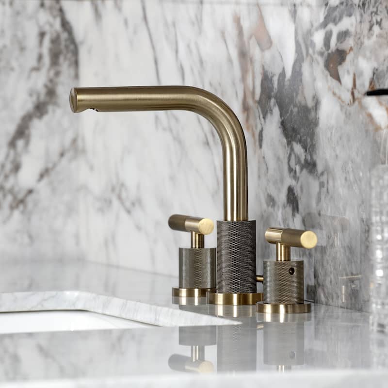 Kingston Brass Convergent Two-Handle 3-Hole Deck Mount Widespread Bathroom Faucet with Knurled Handle and Brass Pop-Up Drain