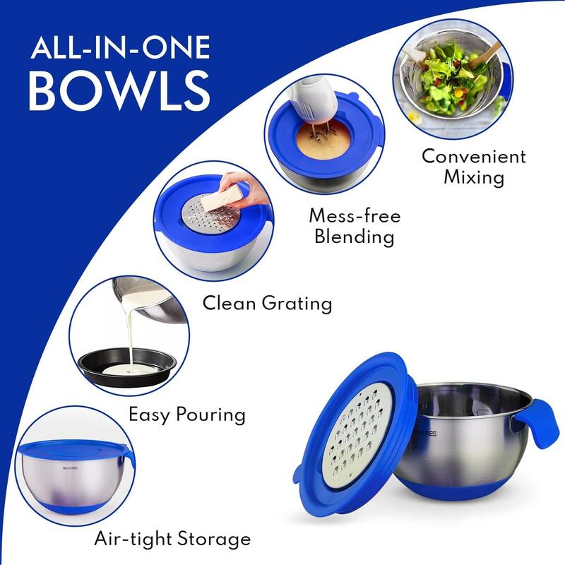 Mixing Bowls with Lids Set - Nesting Bowls with Graters, Handle, Pour Spout, Airtight Lids - Stainless Steel Non-Slip Bowls