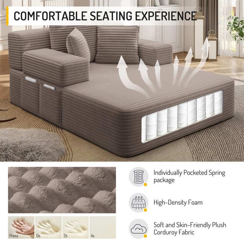 Luxurious Plush Corduroy Chaise Lounge Convertible Sofa Bed with Storage Pocket and Wide Armrests