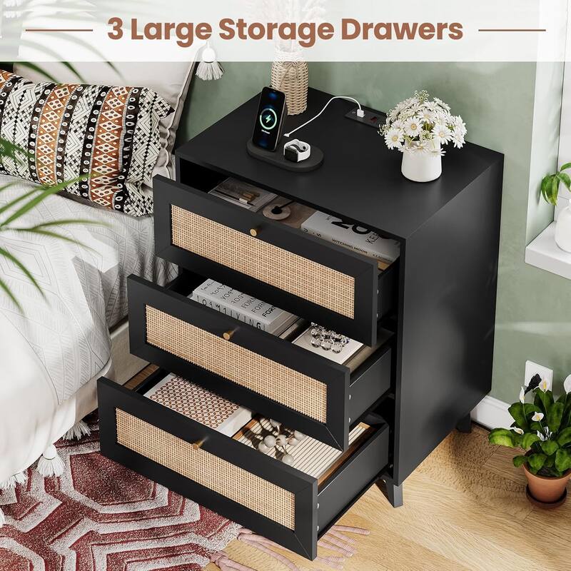 Rattan Nightstand for Bedroom Charging Station USB Ports LED Lights