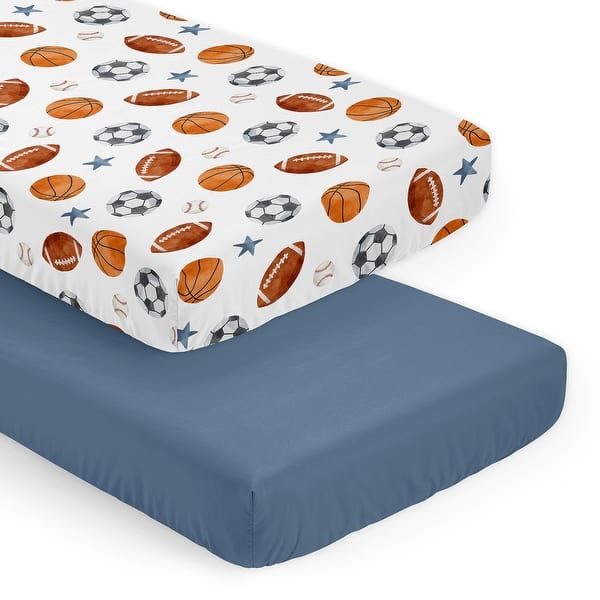 slide 2 of 6, Sweet Jojo Designs Sports Theme Boy 2 Pack Fitted Crib Sheets Solid Blue and Watercolor Soccer Ball Football Baseball Basketball