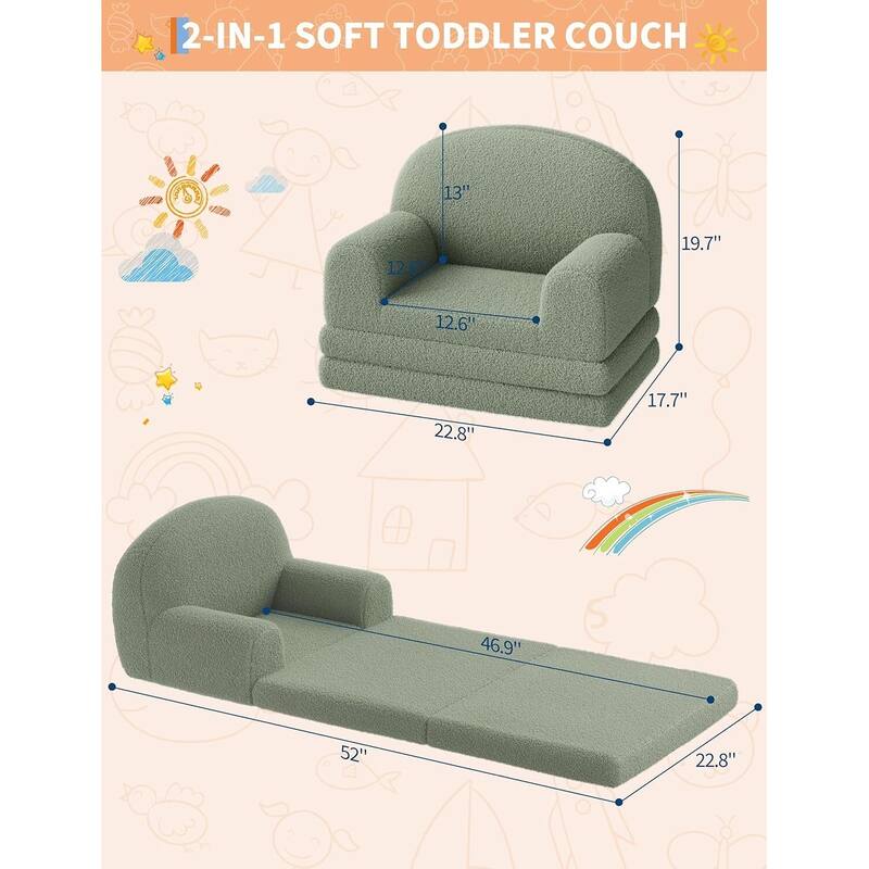 2-in-1 Comfy Toddler Couch, Convertible Sofa for Girls and Boys