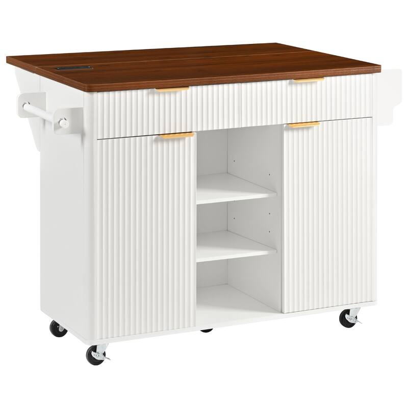 Kitchen Island with Drop Leaf & Power Outlet, Fluted Island Table on Lockable Wheels, Kitchen Cart with Adjustable Shelves