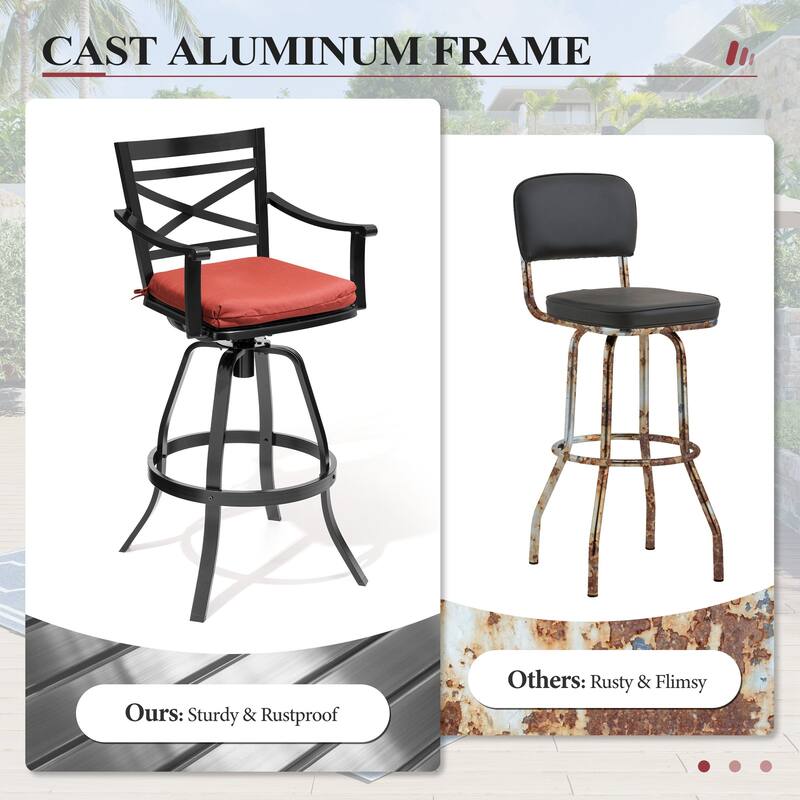 Outdoor Bar Stools Patio Cast Aluminum Swivel Barstools with Sunbrella Cushion