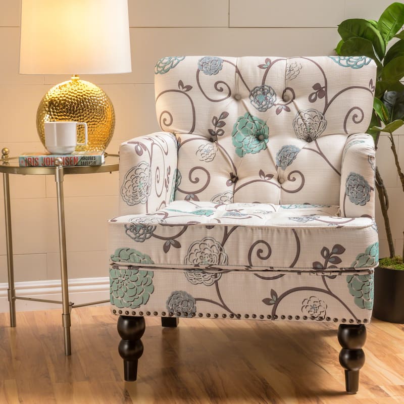 Harrison Floral Fabric Tufted Club Chair by Christopher Knight Home - 28.00" L x 29.50" W x 33.50" H - Light Beige and Blue