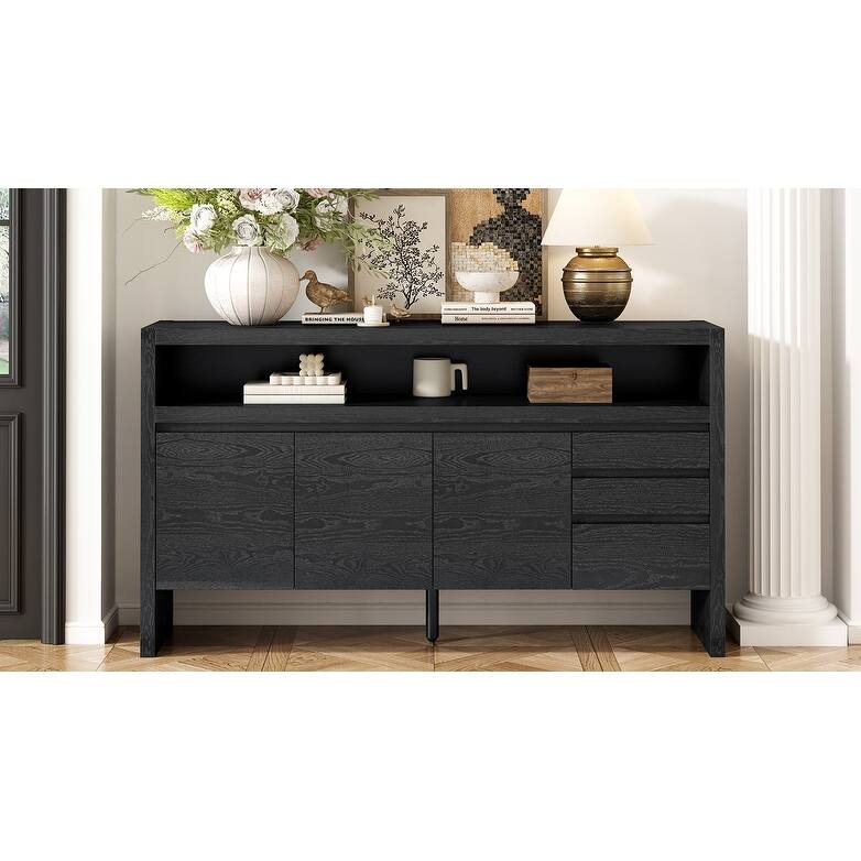 3-Door Sideboard with 3 Drawers - Modern Solid Ash Sideboard, Large Storage Cabinet for Living Room, Hallway, Dining
