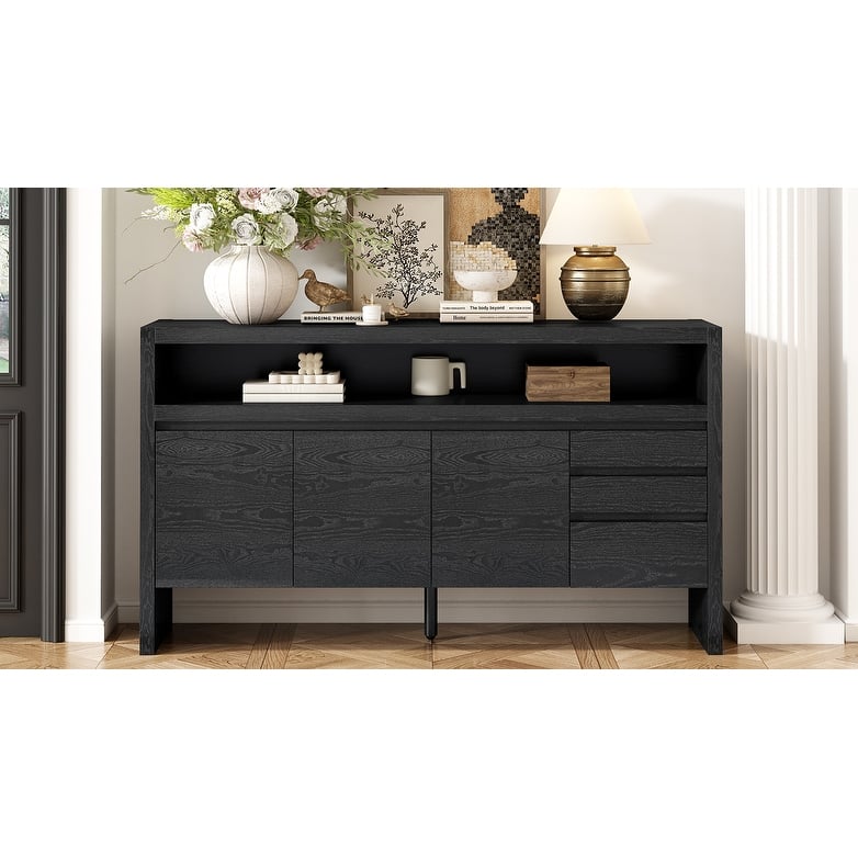 Roomfitters 60" Modern Solid Wood Veneer Sideboard with 3 Doors & 3 Drawers, Open Shelf & Cable Cutout, Large Storage Cabinet