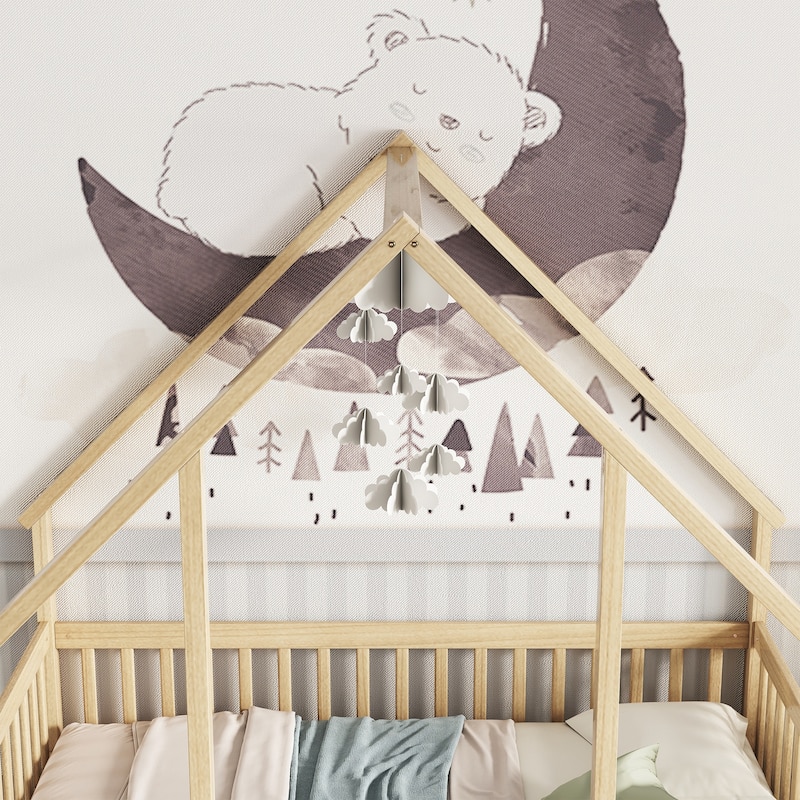 Natural Full Size Pine House-Shaped Floor Bed with Roof & Guardrails