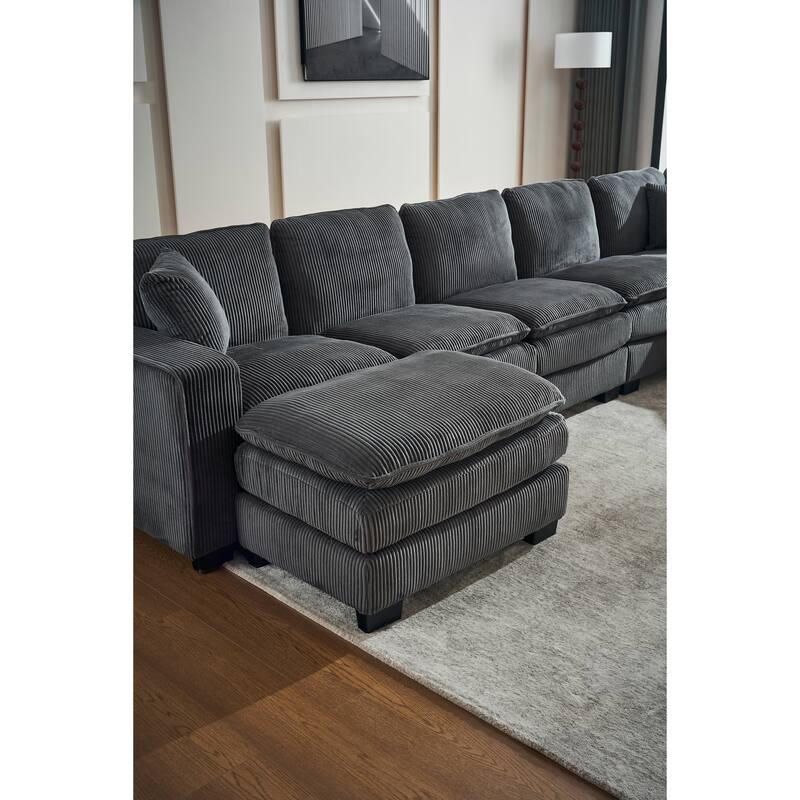 Grey 118.1'' Luxurious U-Shaped 6-Seat Sectional Sofa with Ottoman and 3 Throw Pillows, Durable Corduroy Upholstery