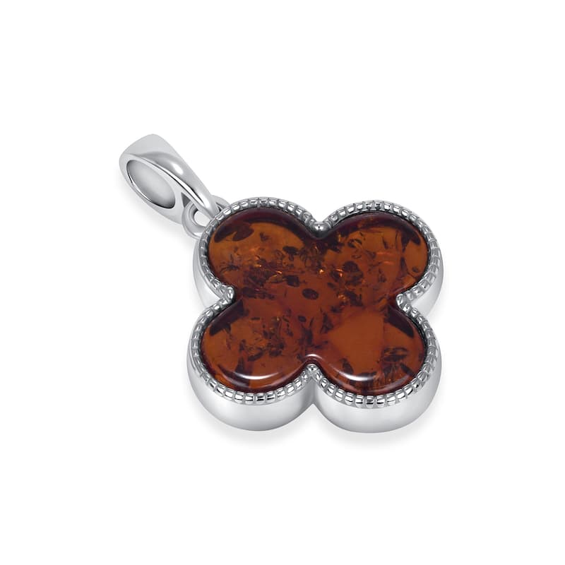 Baltic Amber Four Leaf Clover Pendant Necklace in Sterling Silver