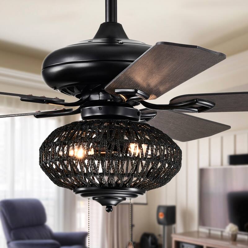 Riconic 52-Inch Matte Black Lighted Ceiling Fan with Weaved Rope Shade