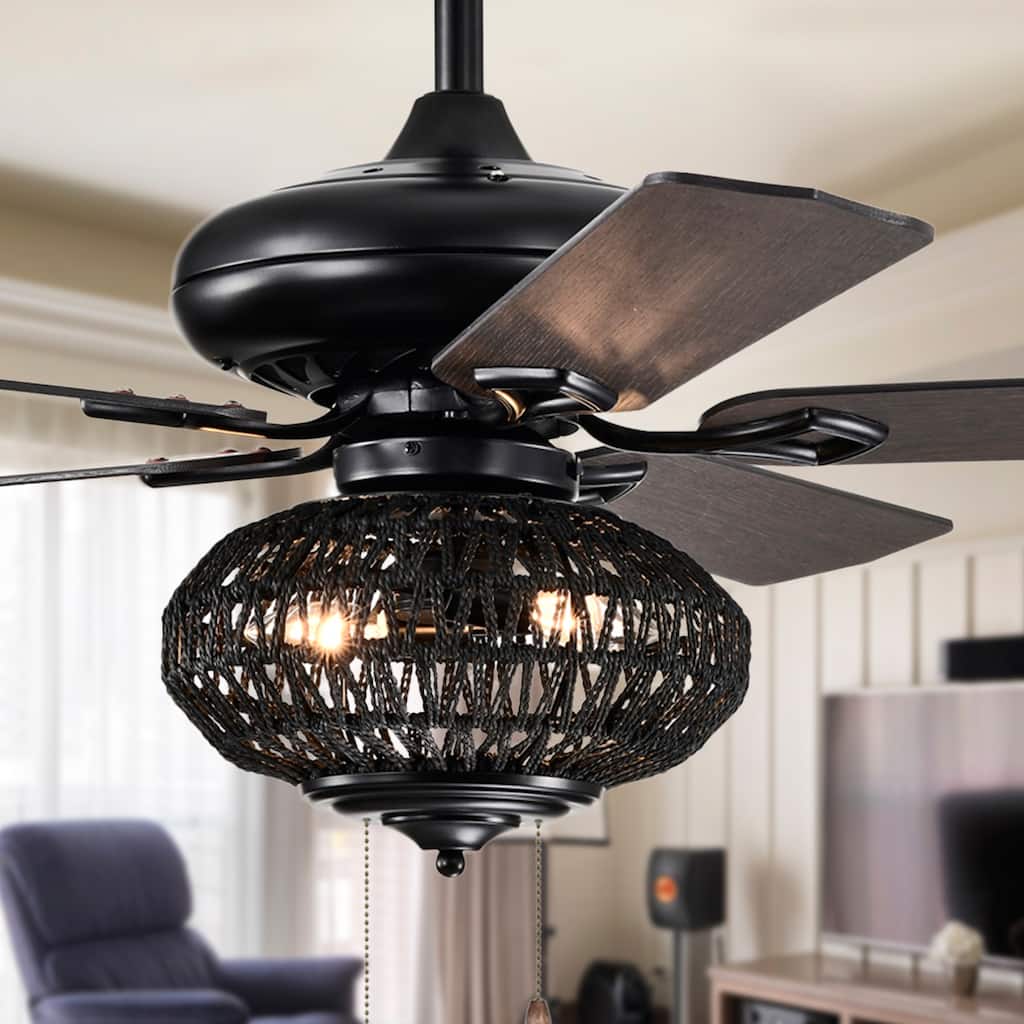 Riconic 52-Inch Matte Black Lighted Ceiling Fan with Weaved Rope Shade