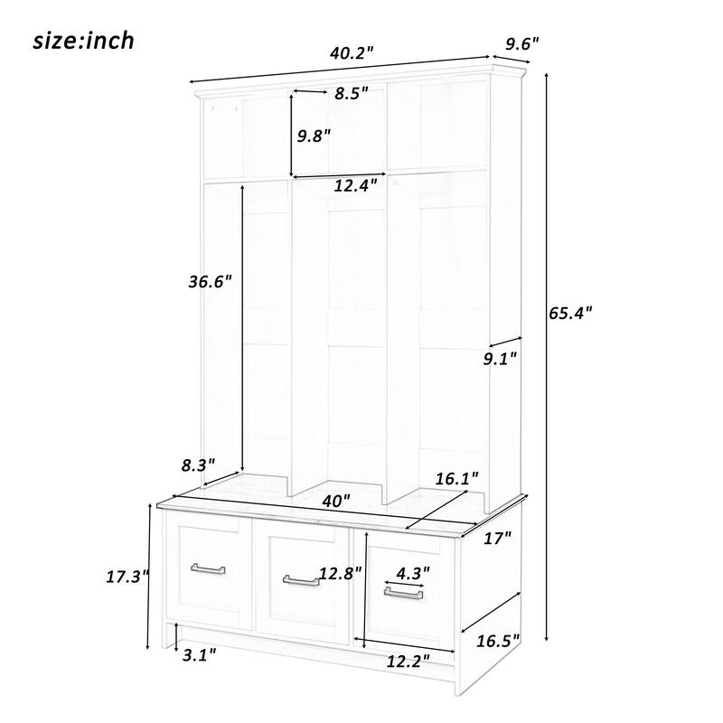 Modern Hall Tree With Entryway Bench,3 Shelves And Drawers,40.2''Wide Hall Tree With Storage Bench