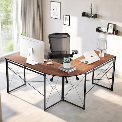 VECELO Convertible L-Shaped Desk Corner Computer Desk Detachable Fan Joint 0.6" Thick Brown Desktop for Multi-Monitor Setups