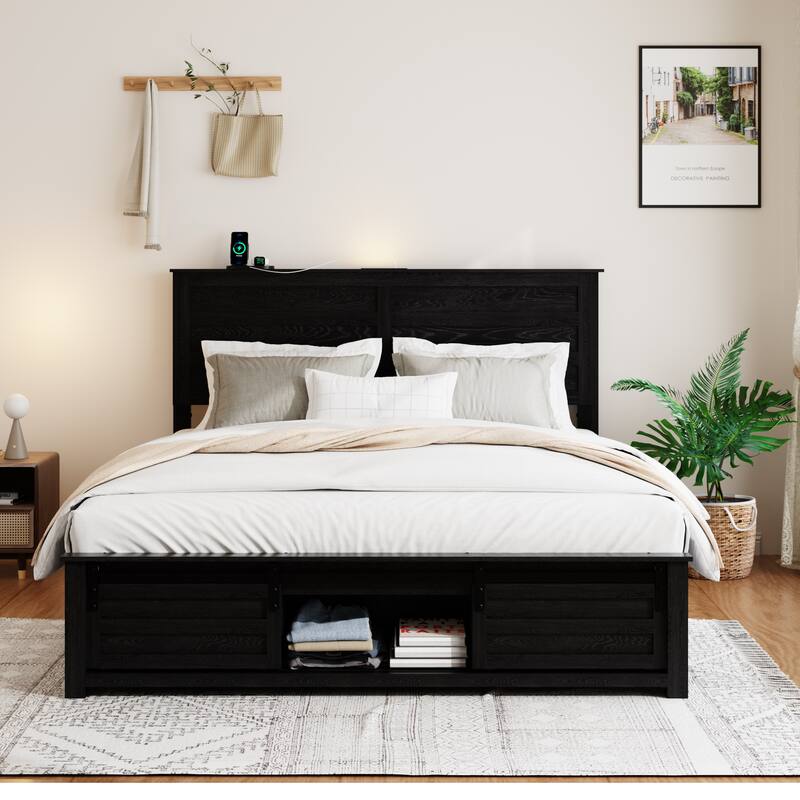 Queen Bed Frame with Upholstered Headboard and Wood Platform, Storage Headboard with Charging Station and LED
