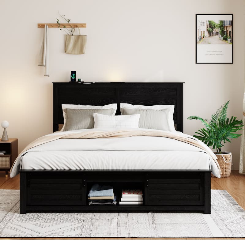 Storage Platform Bed Frame with Touch Light Charging Station Headboard and Endbed Storage Space, Velcro Design Wood Slat Support