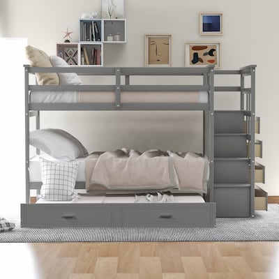 Hardwood Twin Over Twin Bunk Bed with Trundle and Staircase
