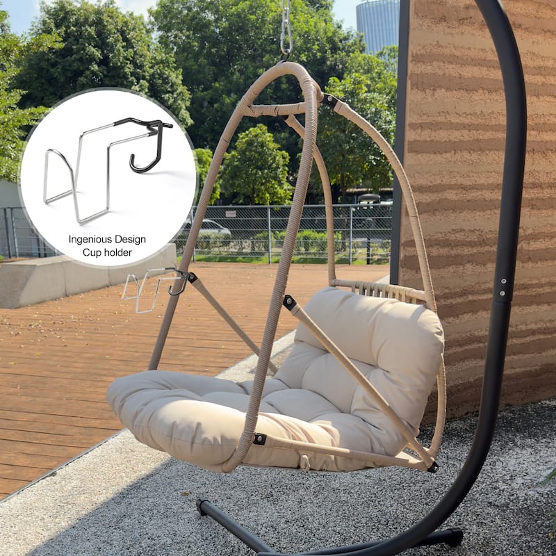 Rossetta Outdoor Wicker Rattan Patio Basket Foldable Hanging Chair with C Type Bracket , Cushion and Pillow