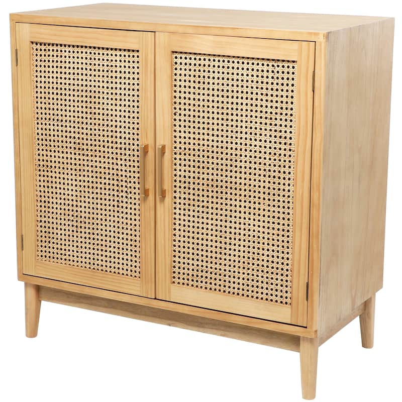 Wood 2 Door Cabinet with Beige Rattan Doors and Gold Handles - Light Brown or or Black - Roche River Decor
