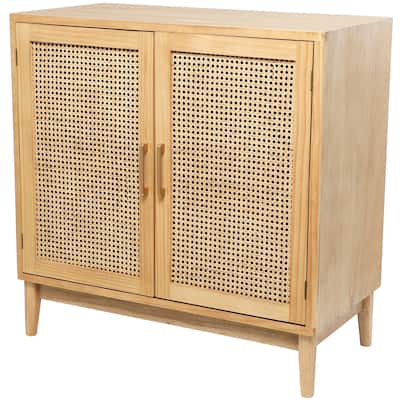 Wood 2 Door Cabinet with Beige Rattan Doors and Gold Handles - Light Brown or or Black - Roche River Decor