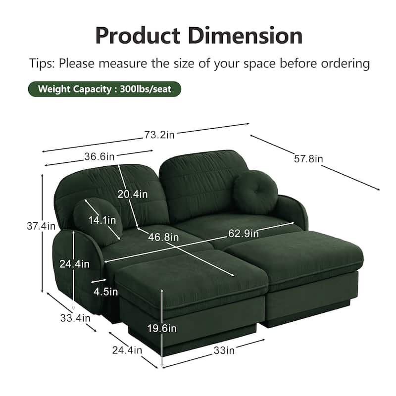 GDFStudio Sylvie Ashworth Chenille Cloud U-Shaped Loveseat Sofa with Movable Ottomans, Deep Seat