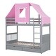 preview thumbnail 6 of 7, Gray+Pink Twin Over Twin Solid Pine Wood House-Shaped Bunk Bed with Tent, Drawers, Convertible to 2 Beds