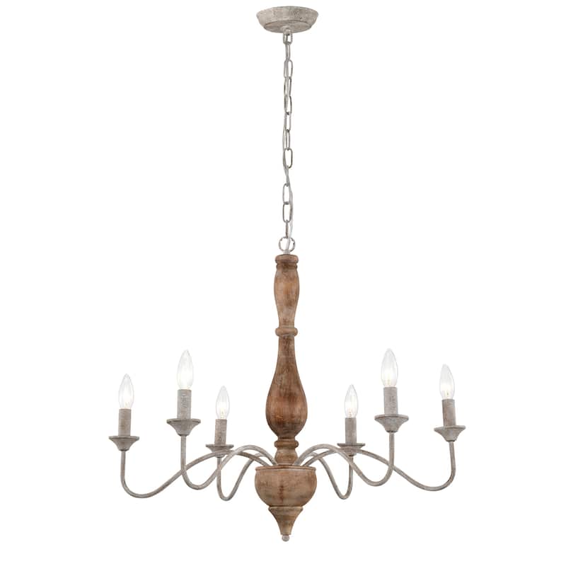 Aaren Candle Style Classic Traditional 6 Light Wood Grain Paint 28 Inch Chandelier.