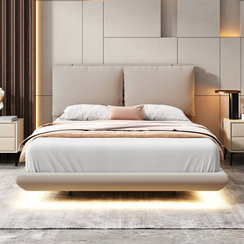 Full Velvet Upholstered Platform Bed with Motion Sensor Light, 2 Large Backrests, USB Ports, and Floating Design