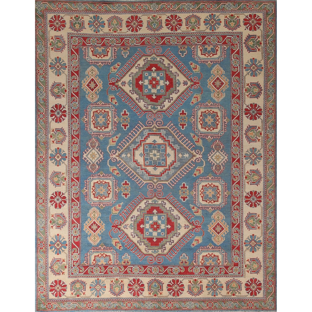 Blue Geometric Kazak Area Rug Handmade Wool Carpet - 8'0" x 9'10"