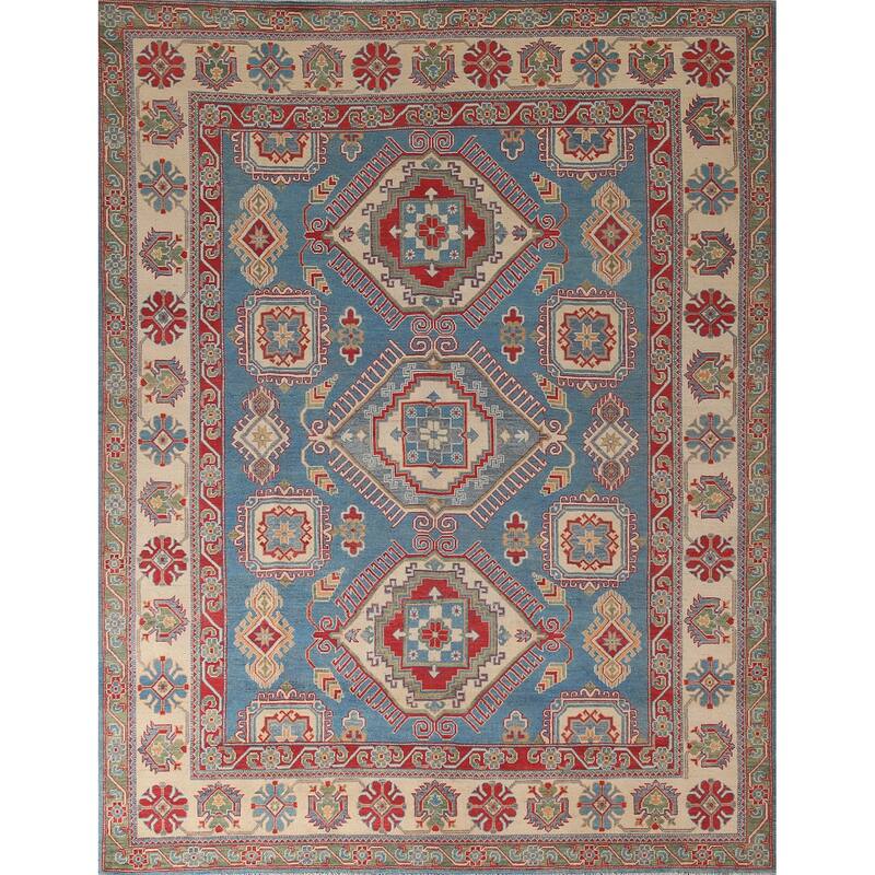 Blue Geometric Kazak Area Rug Handmade Wool Carpet - 8'0" x 9'10"