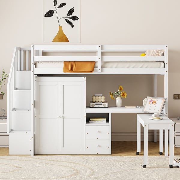 slide 2 of 114, Space-Saving Wood Loft Bed with Storage Stairs & Wardrobe, Multifunctional Furniture Bed Frame with Desk & Drawers White - Twin