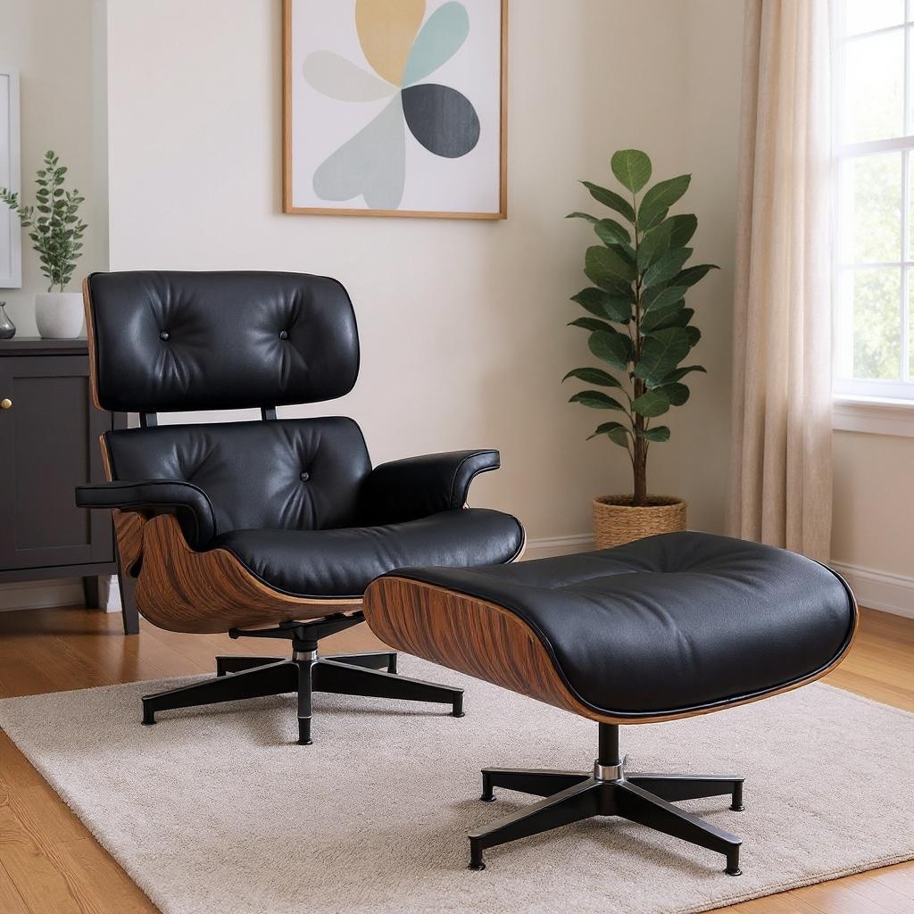 HomeRoots 28" Black and Rosewood Tufted Genuine Leather Lounge Chair With Ottoman - 28.30 in. x 29.00 in. x 20.50 in.