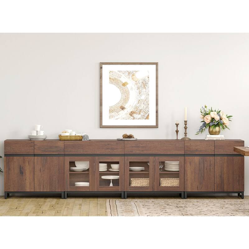 4 in 1 Sideboard Buffet Cabinets with 2 Drawers & Glass Doors, Modern Credenza with Adjustable Shelf and Metal Base