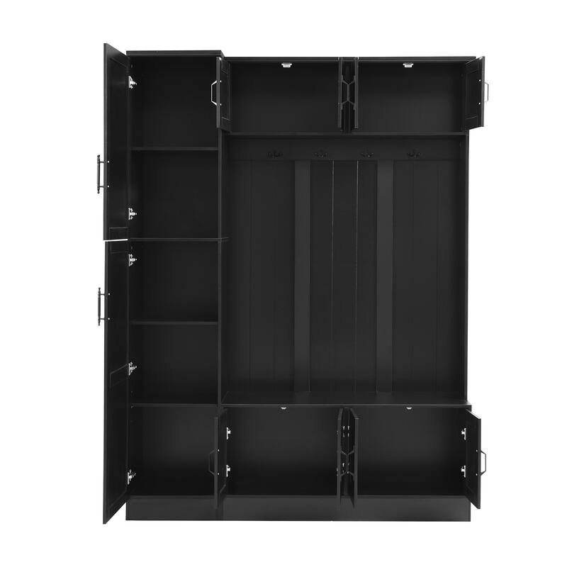 79" Tall Modern Hall Tree with Shoe Storage, 4-in-1 Entryway Bench with 6 Cabinets, 4 Coat Hooks & Adjustable Shelf