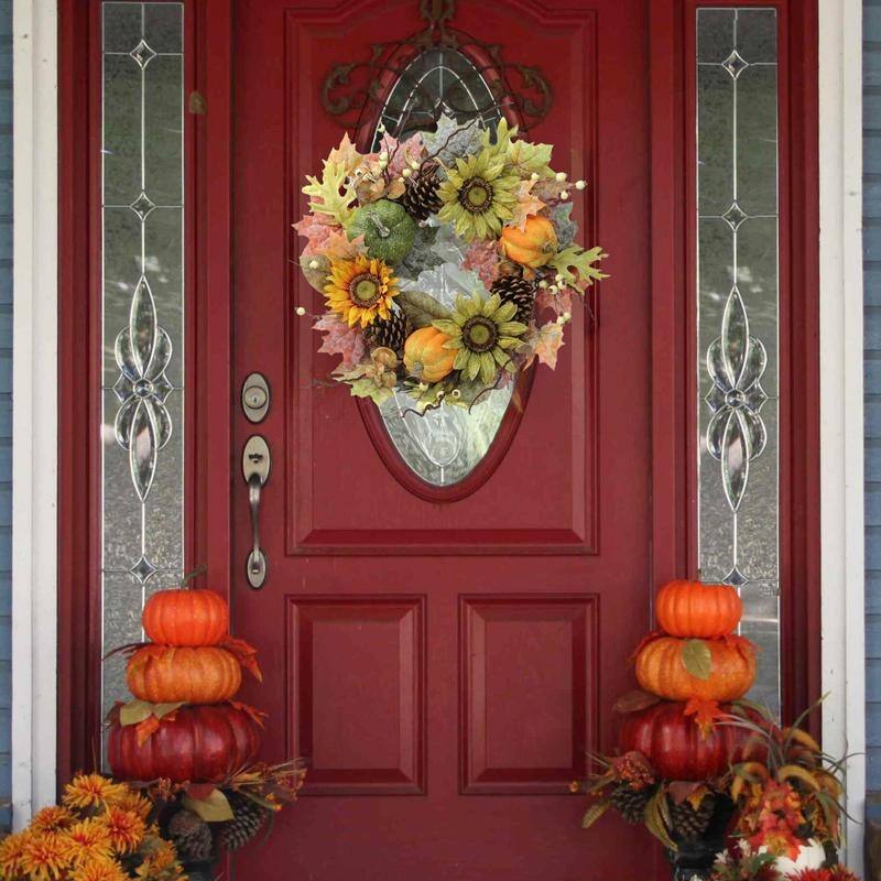 24-inch Faux Sunflowers, Pumpkins Fall Wreath