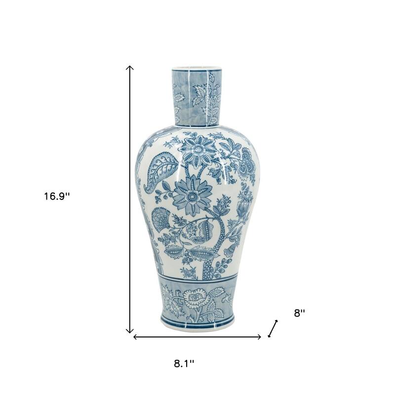 17" Light Blue And White Floral Round Porcelain Table Vase - 8.10