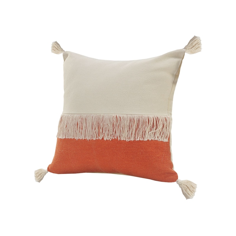 20" Orange and White Fringe Color Block Square Throw Pillow