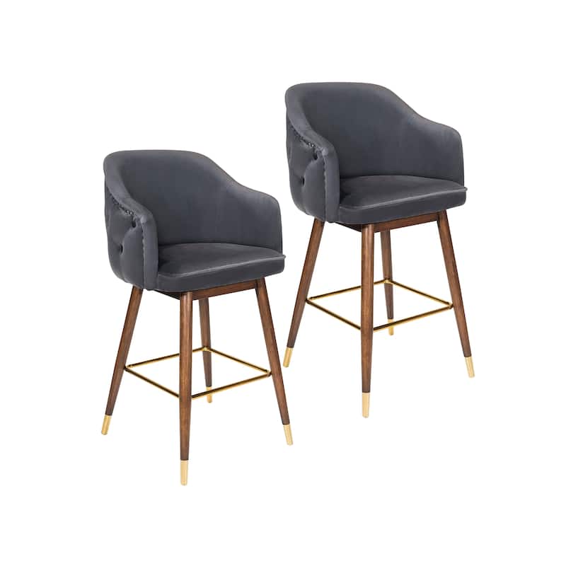 Porthos Home Orla Velvet Upholstered Bar Stools with Rubberwood Legs, Set of 2 - Grey