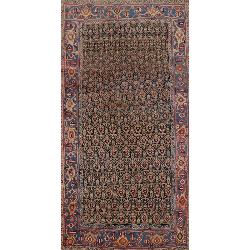 Hand Knotted Oriental 100% Wool Carpet Traditional Geometric Navy Blue & Blues Bidjar Area Rug - 11' 2'' X 5' 7''