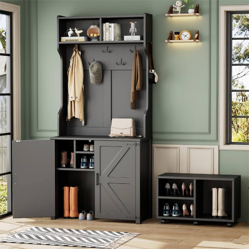 Barn Doors Hall Tree with Movable Bench, Entryway Bench with 7 Hooks and Shoe Cabinet, 76.9"H Rolling Coat Rack Coat Rack - Black