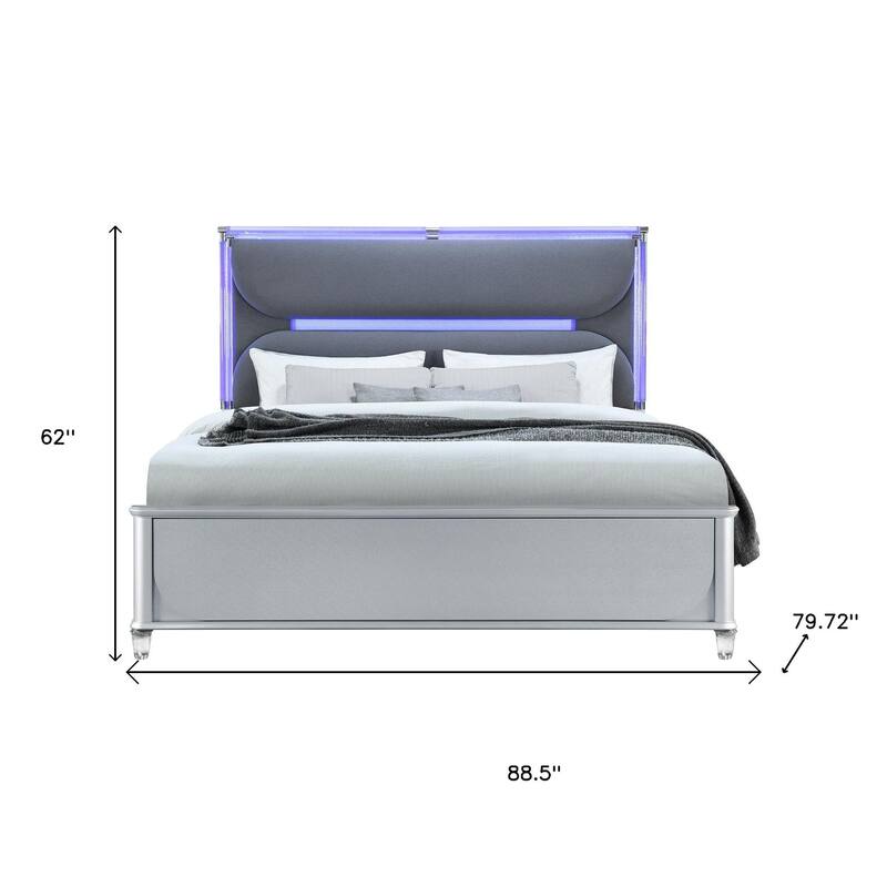 HomeRoots Silver and Gray Wood And Upholstery Lighted King Bed Frame