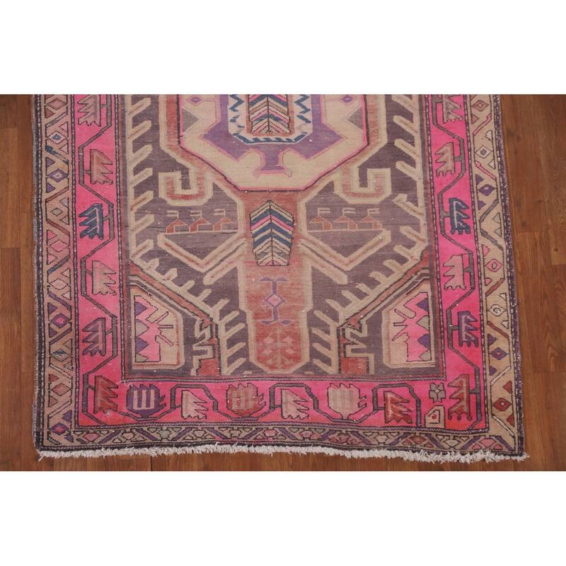 Hand Knotted Oriental 100% Wool Carpet Traditional Geometric Purples Meshkin Runner Rug - 10' 4'' X 4' 4''