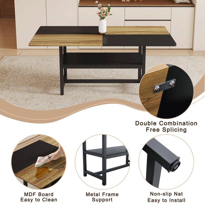 Kitchen Dining Table & Chairs Set for 8, 9-Piece 71Inch Rectangular Storage Table Set with Lwer Shelf and 8 Dining Chairs