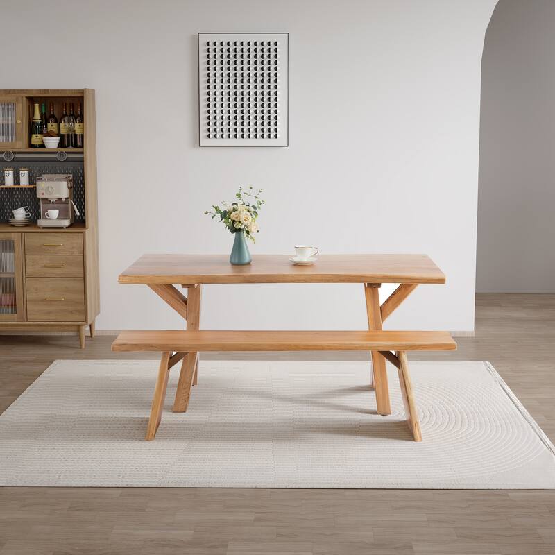 2-Piece Crossbuck Live Edge Dining Table Set with Bench