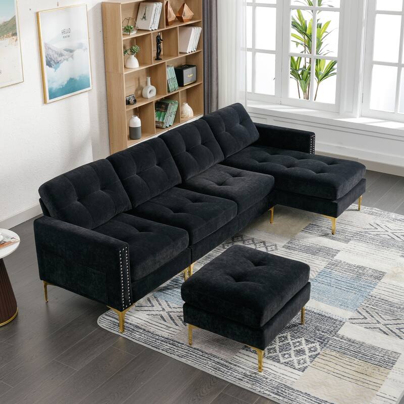 L Shaped Convertible Sectional Sofa with Ottoman, Velvet Fabric 5 Seater Sofa, Upholstered Sofa with Chaise & Storage Pockets