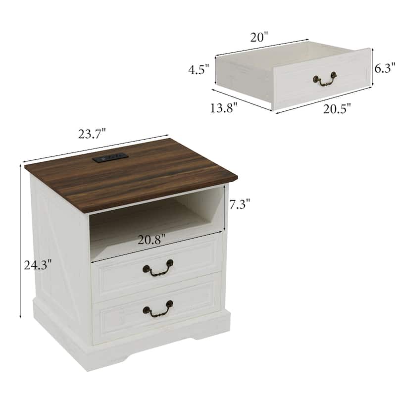 Farmhouse Nightstand with 2 Drawers, Open Shelf & Power Port, Rustic Bedside Table, Antique Brass Handles, White/Grey