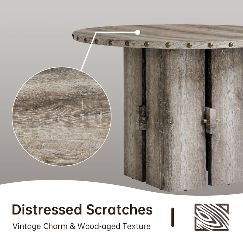 47.13" Vintage Round Dining Table with Distressed Wood and Rivets